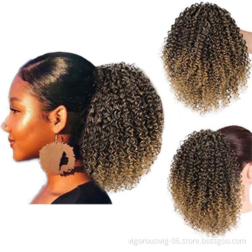 Vigorous Afro Kinky Curly Ombre Brown Drawstring Puff Ponytail Synthetic Clip in Pony tail African American Hair Extension